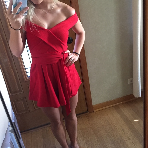 hello molly Pants - Red Off-Shoulder Romper